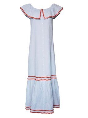 MASON'S DAUGHTER Off  Shoulder Dress, Sky Blue ,Orange Ric Rac Size Large